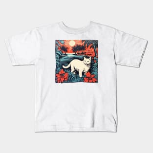 Hawaiian Linocut Cat Kids T-Shirt